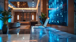 Reception area with a large blue digital display showing tech diagrams, a laptop on a glossy counter, and warm ambient lighting in the background