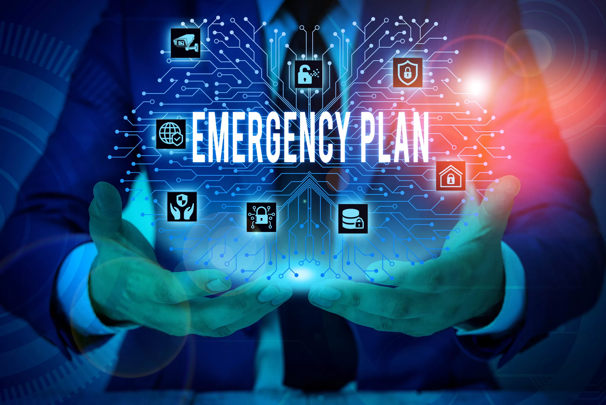 Hands cupped under a blue circuit-network background with icons and the text 'EMERGENCY PLAN' visible, illustrating preparedness ideas (informational).