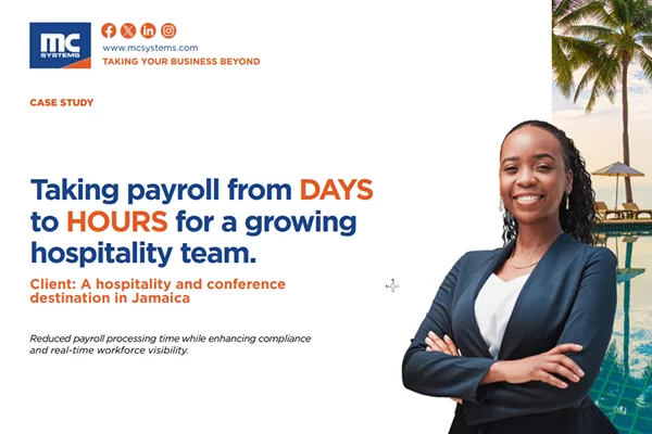 Case study banner: headline 'Taking payroll from DAYS to HOURS for a growing hospitality team' with a smiling professional woman on the right against a tropical backdrop.